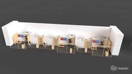 3D Darstellung von 6 kleinen Messeständen mit Plakaten und Sitzgelegenheiten und Stauraum.