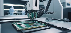 Close-up of a machine assembling printed circuit boards with mechanical arms in an advanced electronics manufacturing process.