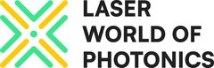 Logo der Laser World of Photonics, mit einem stilisierten türkis-gelben X mit einem Punkt in der Mitte.