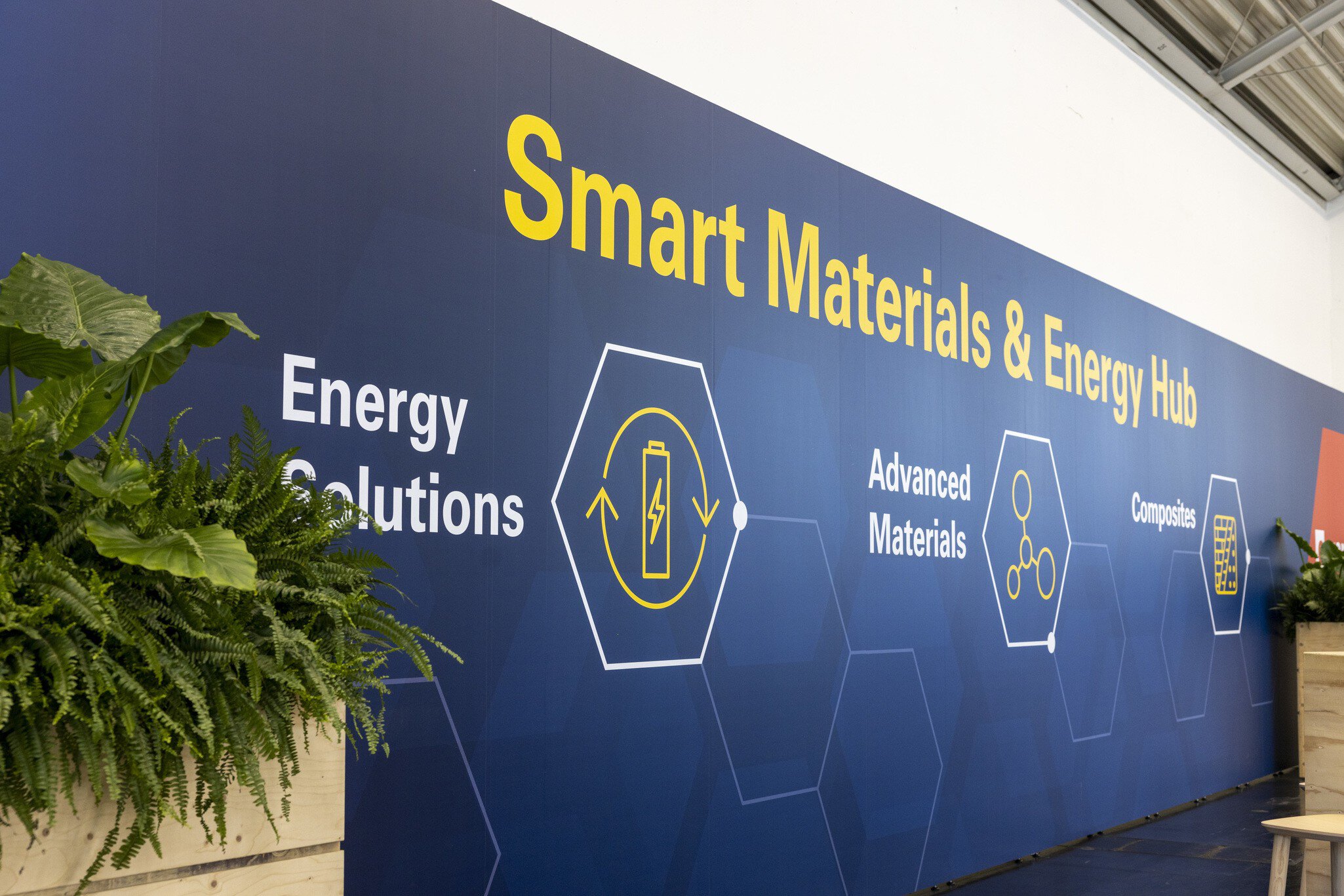 Blue wall with the text 