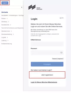 Login-Seite der Messe München mit Möglichkeiten zum Anmelden, Registrieren und Navigationslinks auf der linken Seite. 