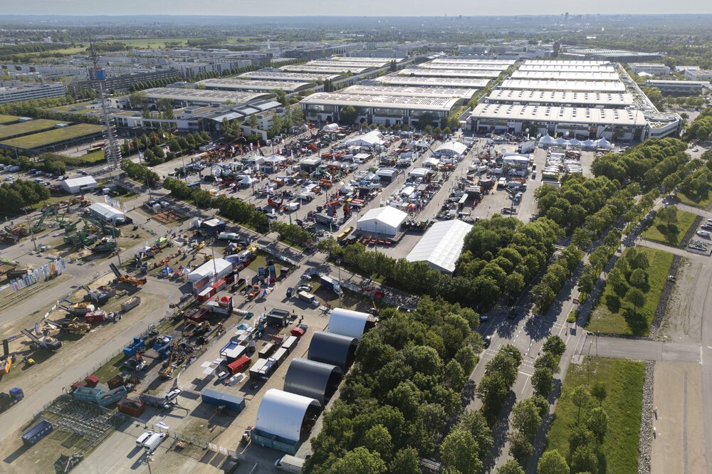 Aerial view of the open-air exhibition grounds with the IFAT Munich stands set up.