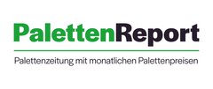 Grünes und schwarzes Textlogo für den Paletten Report mit einem Slogan in kleinerer Schrift darunter: Palettenzeitung mit monatlichen Palettenpreisen.