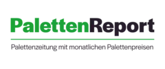 Grünes und schwarzes Textlogo für den Paletten Report mit einem Slogan in kleinerer Schrift darunter: Palettenzeitung mit monatlichen Palettenpreisen.