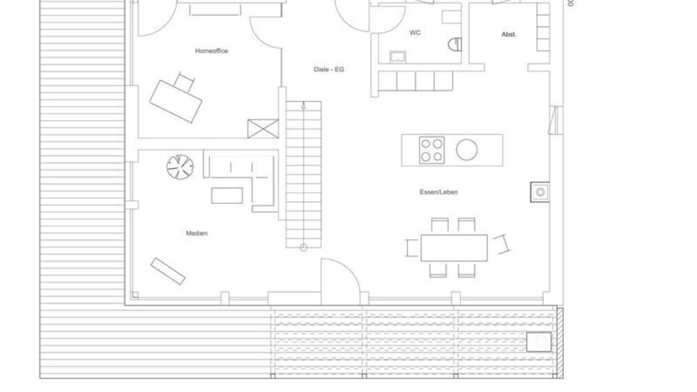 Ein detaillierter Architekturplan mit verschiedenen Räumen, Maßen und Notizen in monochromer Gestaltung.