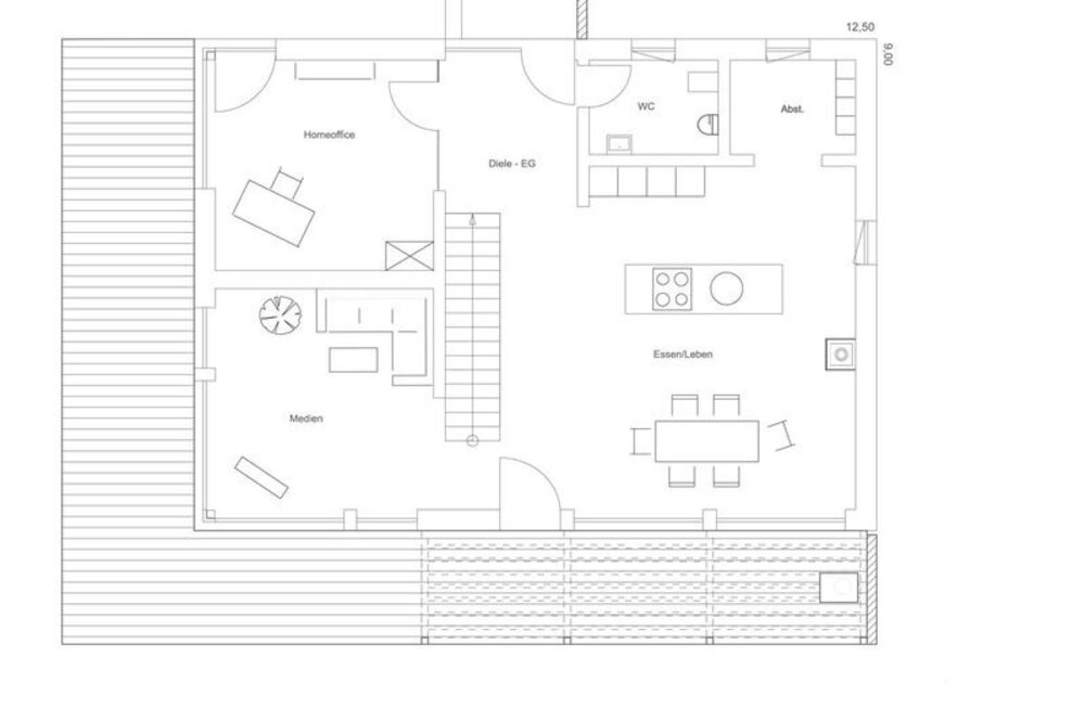 Ein detaillierter Architekturplan mit verschiedenen Räumen, Maßen und Notizen in monochromer Gestaltung.