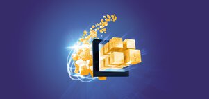 Keyvisual bei dem ein Strom oranger Würfel ungeordnet in einen schwarzen Rahmen fliegt und daraus in sauberen 2x2 Reihen hervorkommt. Der Hintergrund ist blau und lila.