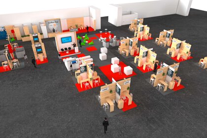 Rendered view of an exhibition hall with several standardized stands in different designs.