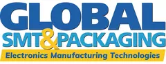 Blaues und gelbes Logo mit der Aufschrift „GLOBAL SMT & PACKAGING Electronics Manufacturing Technologies“.