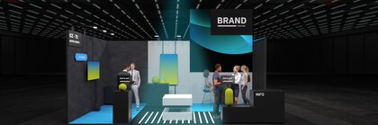 Gerenderter Messestand mit eingeblendeten Menschen auf dunklem Hintergrund, mit modernen Designelementen und Anzeigebildschirmen unter hellem Licht.