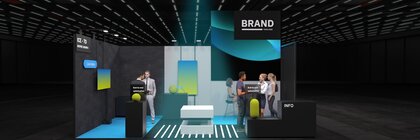 Gerenderter Messestand mit eingeblendeten Menschen auf dunklem Hintergrund, mit modernen Designelementen und Anzeigebildschirmen unter hellem Licht.
