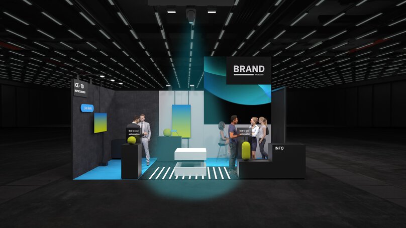 Gerenderter Messestand mit eingeblendeten Menschen auf dunklem Hintergrund, mit modernen Designelementen und Anzeigebildschirmen unter hellem Licht.