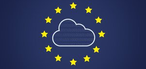 Cloud symbol with binary code on the background of the EU flag with yellow stars on navy blue.