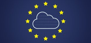 Cloud symbol with binary code on the background of the EU flag with yellow stars on navy blue.