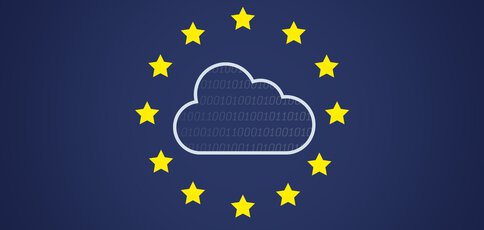 Cloud symbol with binary code on the background of the EU flag with yellow stars on navy blue.