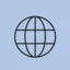 A globe symbol with lines of latitude and longitude on a light blue background.