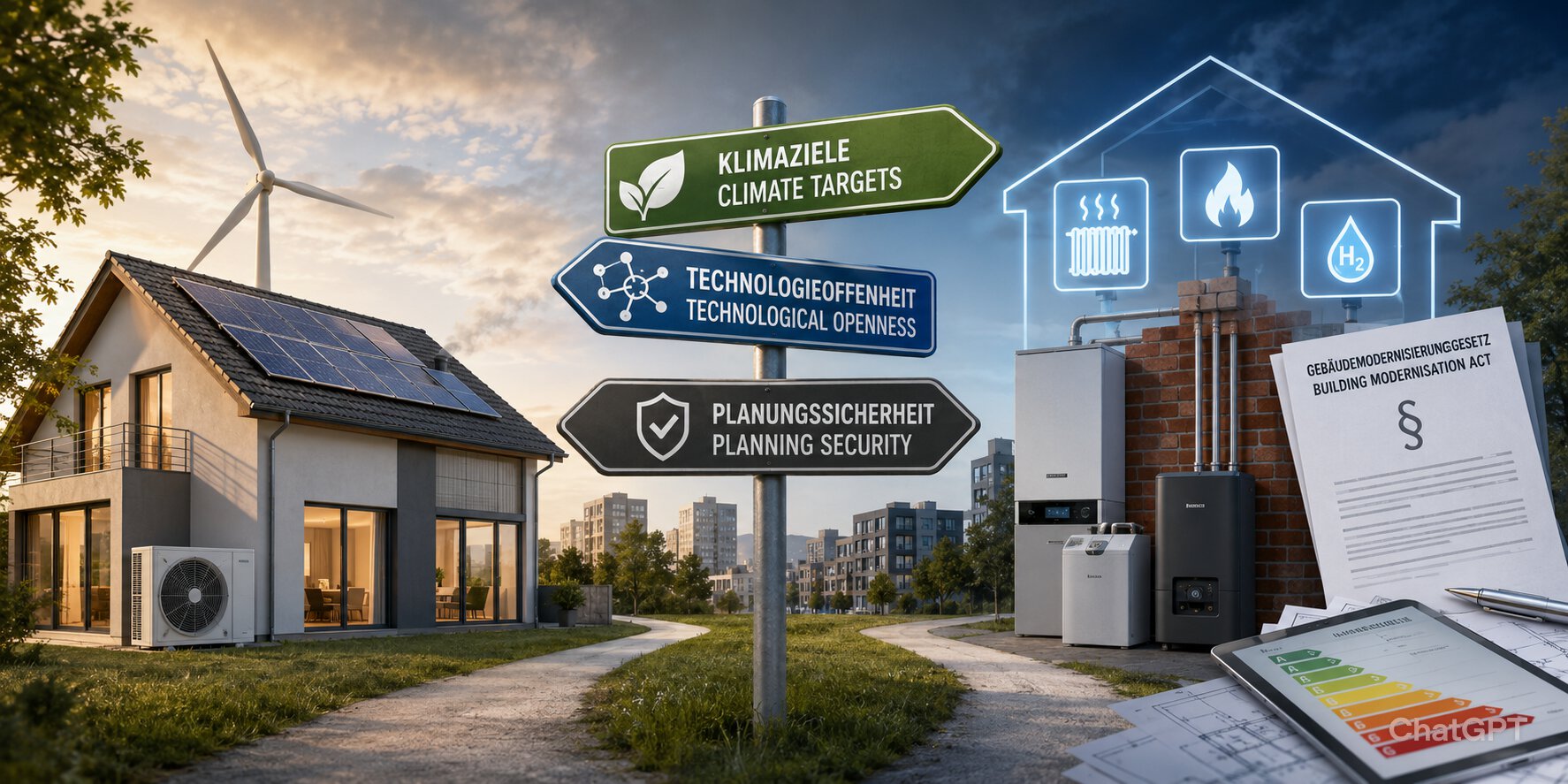 AI image featuring several pictures relating to climate-friendly living, along with signs with text: ‘Climate targets, technological openness & planning security’.