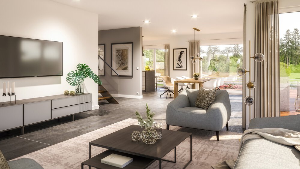Modernes Wohnzimmer mit grauem Sofa, Fernseher und Couchtisch; offener Grundriss zum Essbereich und große Fenster mit Blick ins Grüne.