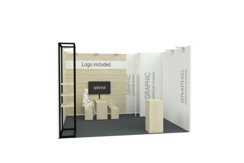 Exhibition booth with wood paneling, seating, and optional graphic areas, ideal for company presentations at trade shows.