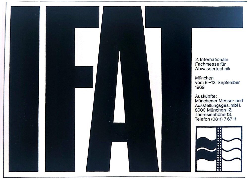 admission ticket featuring the large title “IFAT” and text announcing the “2nd International Trade Fair for Wastewater Technology” in Munich from 6–13 September 1969, including contact details of the Munich trade fair company and a logo with stylized waves.