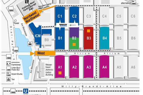 Farbige Karte des Messe München Geländes mit Fokus auf die Ausstellungshallen der productronica-Ausstellung und die Eingänge West und Nordwest.