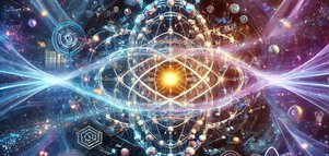 Futuristic representation of quantum physical phenomena with atomic symbols, waves, particles and a luminous energy center.