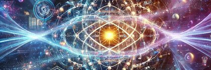 Futuristische Darstellung quantenphysikalischer Phänomene mit Atomsymbolen, Wellen, Teilchen und leuchtendem Energiezentrum.