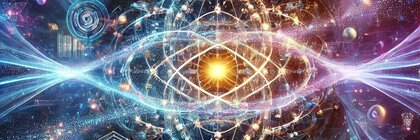 Futuristische Darstellung quantenphysikalischer Phänomene mit Atomsymbolen, Wellen, Teilchen und leuchtendem Energiezentrum.