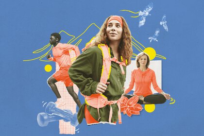 A blue banner with a photo collage consisting of three people engaged in different sporting activities.