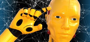 A yellow humanoid robot looks past the viewer and points at something with its index finger.