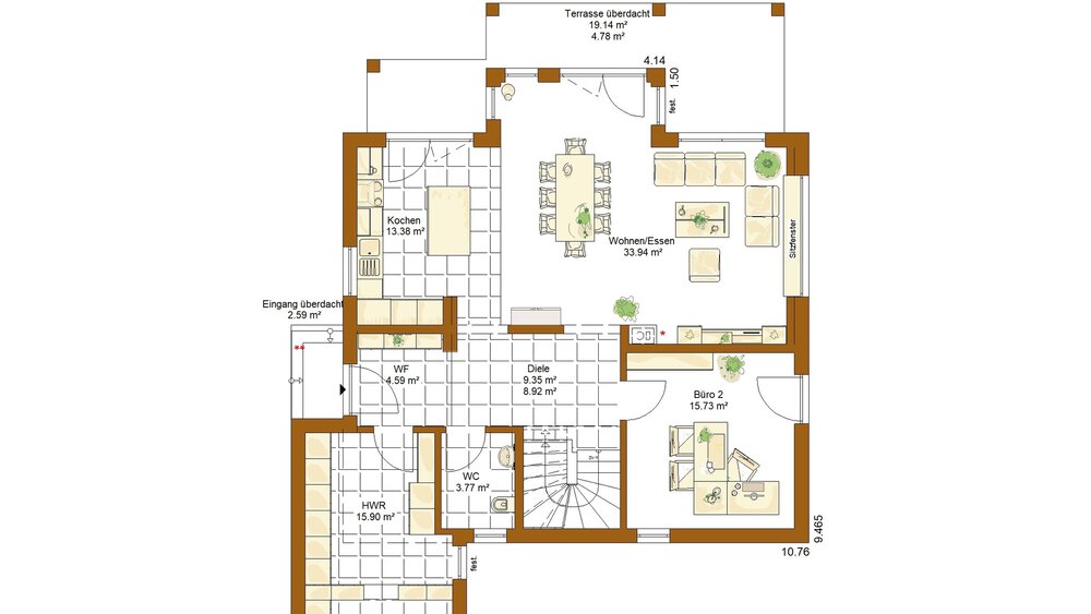 Grundriss eines Hauses mit Küche, Ess- und Wohnbereich, Büro, Bad und Terrasse mit Maßangaben.
