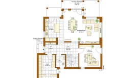 Grundriss eines Hauses mit Küche, Ess- und Wohnbereich, Büro, Bad und Terrasse mit Maßangaben.