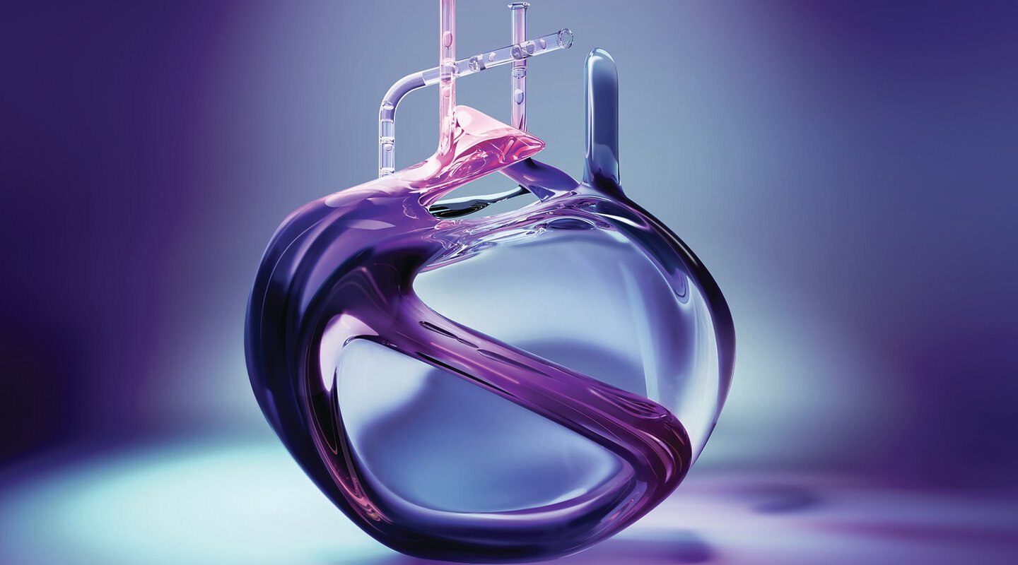 Abstraktes Keyvisual mit einem futuristischen Laborgefäß aus transparentem Glas in Violett- und Blautönen vor einem weichen Farbverlauf.