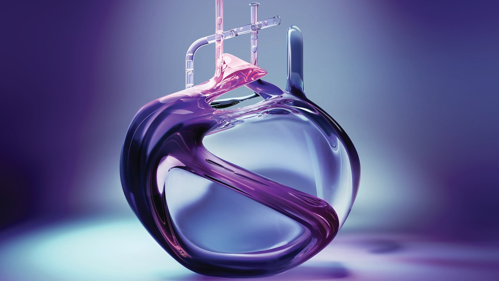 Abstraktes Keyvisual mit einem futuristischen Laborgefäß aus transparentem Glas in Violett- und Blautönen vor einem weichen Farbverlauf.