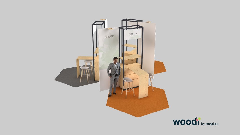 Mock-up eines Messestands mit schwarzen Rahmen, hellen Holzelementen, weißen Trennwänden, Barhockern und Grafikflächen.