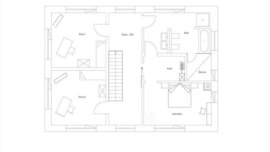 Schwarz-weißer Architekturgrundriss mit beschrifteten Räumen, Möbeln und Treppen in der Mitte.