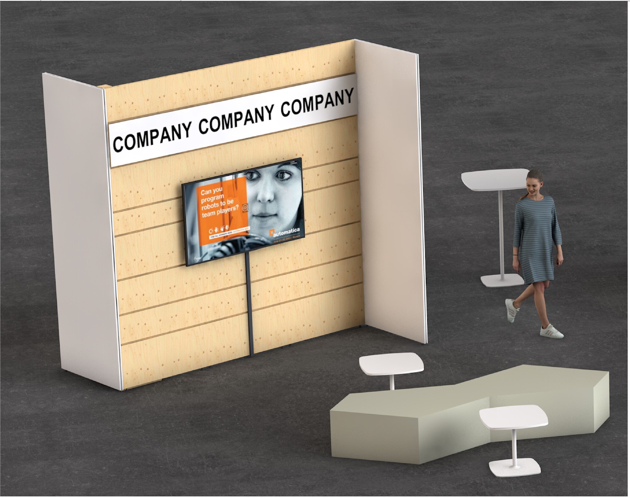 3D view of a small freestanding exhibition stand with flat screen, wooden wall with logo and a flat seat in front of it.