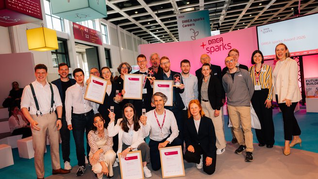 Group photo of participants and award winners at a DMEA sparks award ceremony