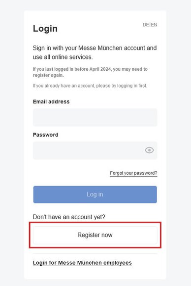 Graphic of the login mask in the exhibitor store. The “Register Now” button is outlined in red.