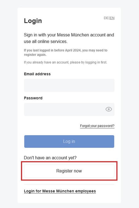 Graphic of the login mask in the exhibitor store. The “Register Now” button is outlined in red.