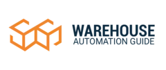 Logo mit orangefarbenen geometrischen Formen und dem Text „WAREHOUSE AUTOMATION GUIDE“ in Blau.