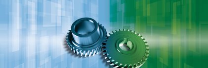  A 3D model of interlocking cogwheels on an abstract blue and green background.