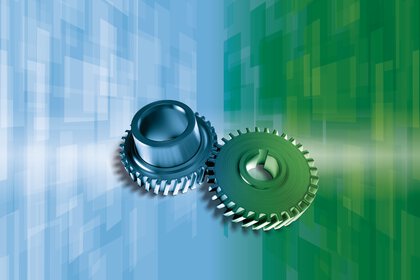 A 3D model of interlocking cogwheels on an abstract blue and green background.