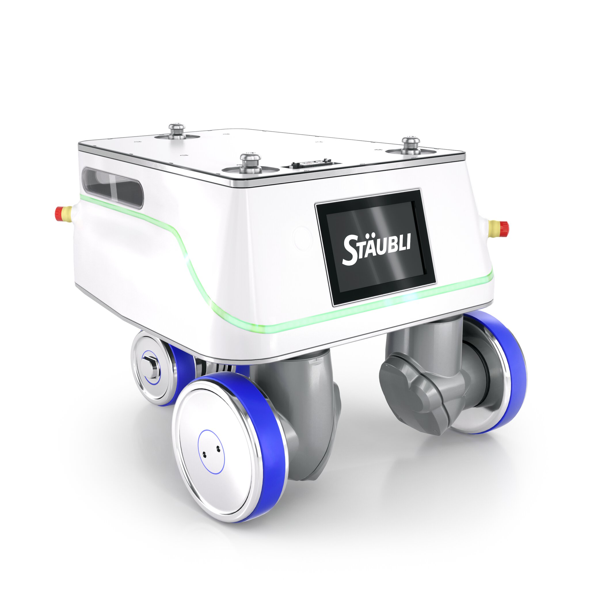A compact white robot stands on large blue wheels. The display on the panelling shows the name ‘STÄUBLI’.