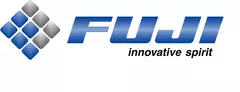 Logo mit neun blauen und grauen Quadraten, die eine Rautenform bilden, und dem Text „FUJI“ in Blau und „innovative spirit“ in Schwarz.