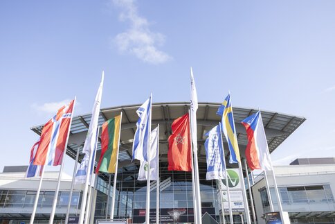 Various national flags in front of the West Entrance to electronica