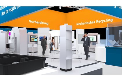 Gerenderte Ansicht eines modernen Messestands mit mehreren Displays und Ausstellungsstücken.