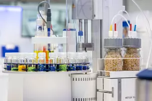 The picture shows a laboratory with various scientific instruments, colorful test tube racks and two large containers of grains.