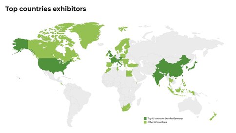 World map with the fifteen most strongly represented exhibitor countries (after Germany), in dark green, and the remaining 42 countries in light green.