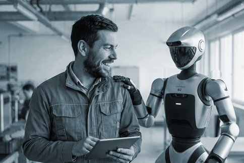 Mann mit Tablet steht neben einem humanoiden Roboter.